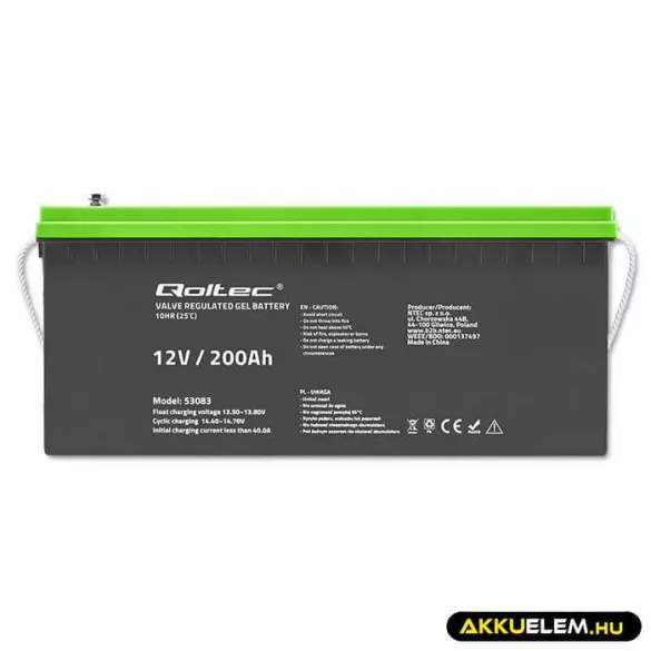 Qoltec GEL Akkumulátor 12V 200Ah lakókocsihoz, hajóhoz, biztonsági rendszerekhez
