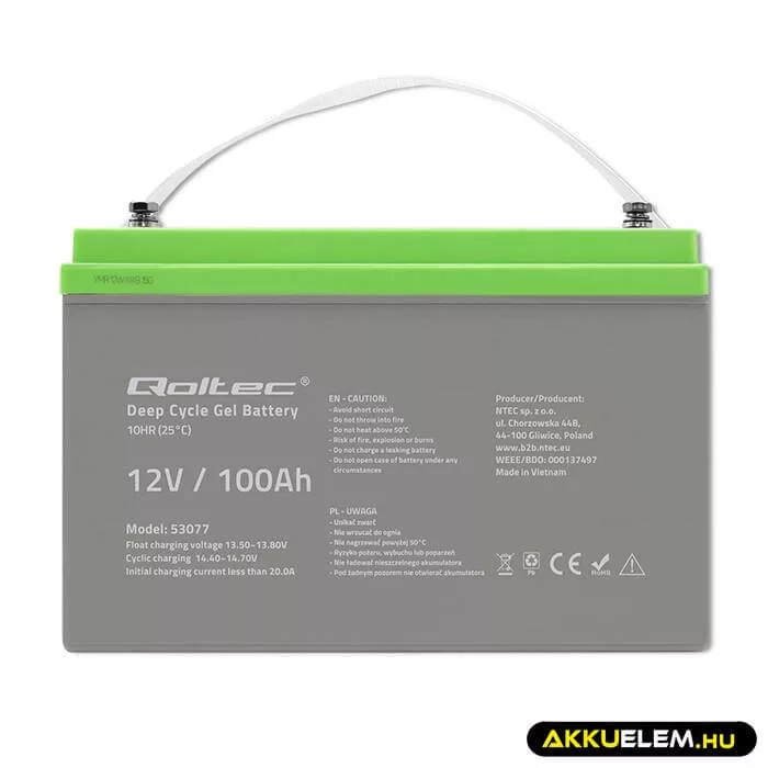 Qoltec Mélykisütésű GEL Akkumulátor 12V 100Ah lakókocsihoz, hajóhoz, napelemes rendszerhez