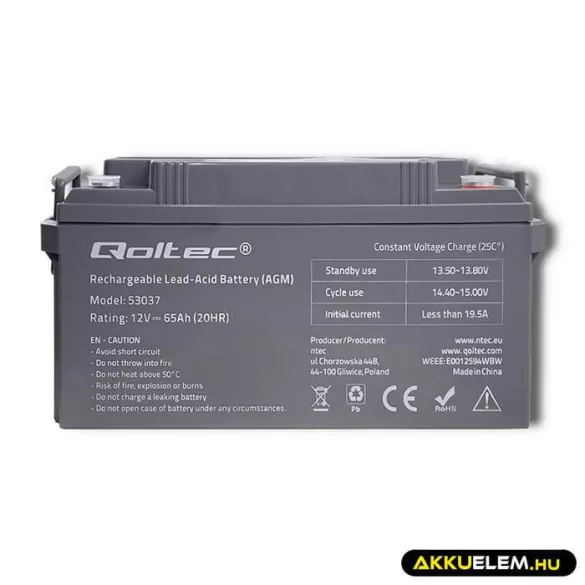 Qoltec AGM Akkumulátor 12V 65Ah  max 780A