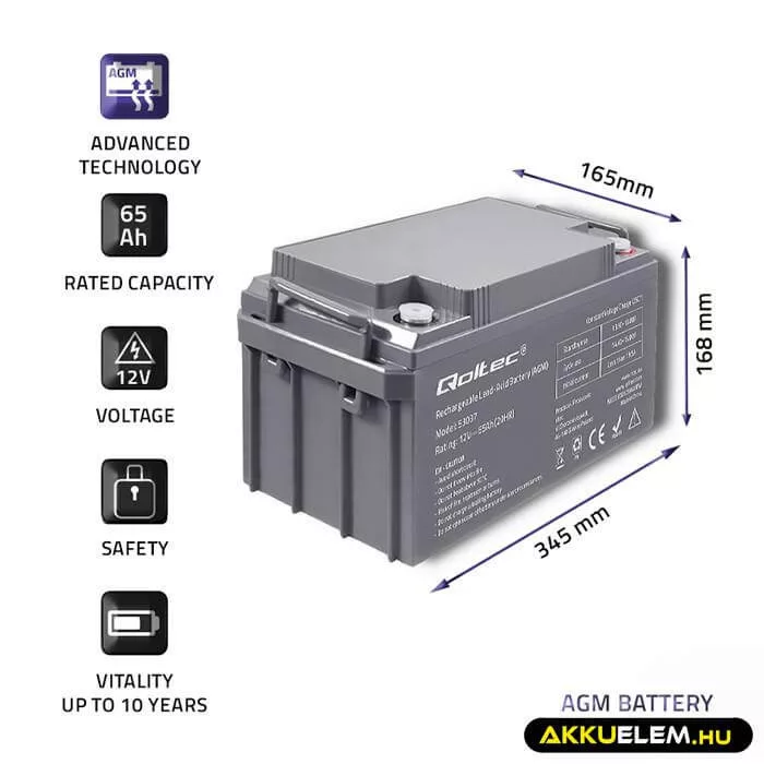 Qoltec AGM Akkumulátor 12V 65Ah  max 780A