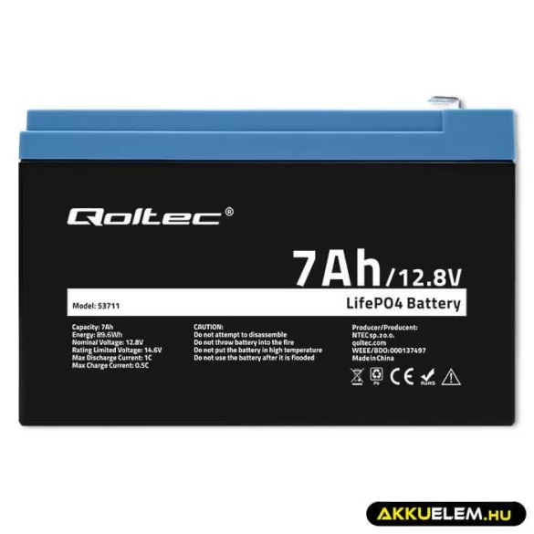Qoltec LiFePO4 Akkumulátor 12.8V 7Ah 89.6Wh BMS