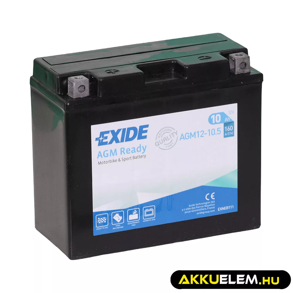 Exide motorkerékpár akkumulátor 12V 10Ah AGM12-10.5 160A (YT12B) Bal+ GyZ Exide motorkerékpár akkumulátor 12V 10Ah AGM12-10.5 160A (YT12B) Bal+ GyZ