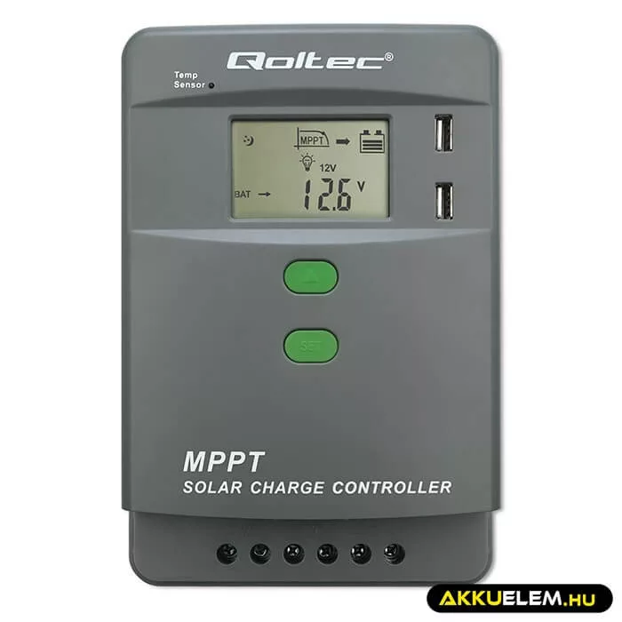 Qoltec Napelem Töltésvezérlő 12V/24V 30A MPPT SOLAR 2xUSB Bluetooth