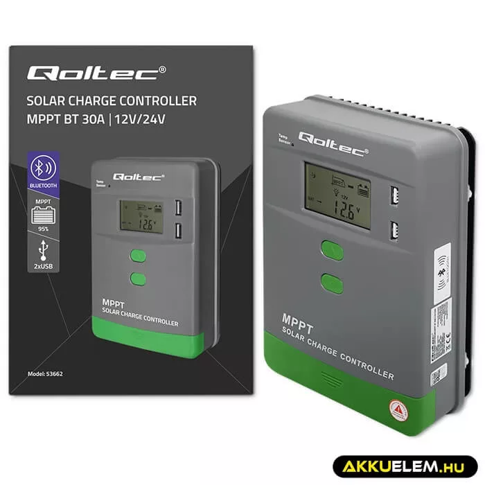 Qoltec Napelem Töltésvezérlő 12V/24V 30A MPPT SOLAR 2xUSB Bluetooth