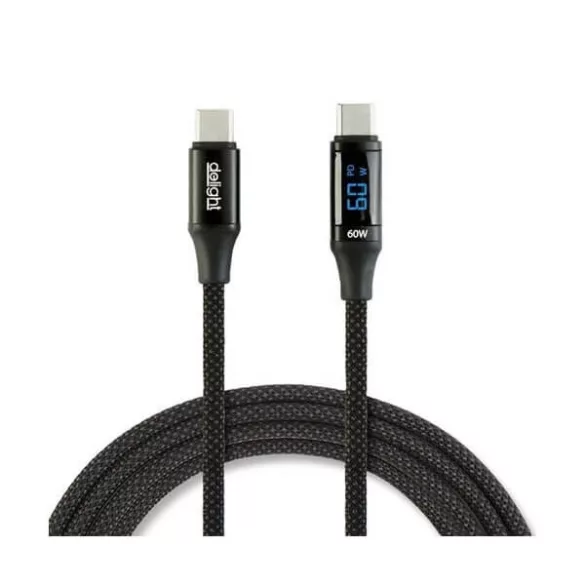 Adatkábel - Type-C/Type-C teljesítmény kijelzéssel fekete 1m 3A 60W