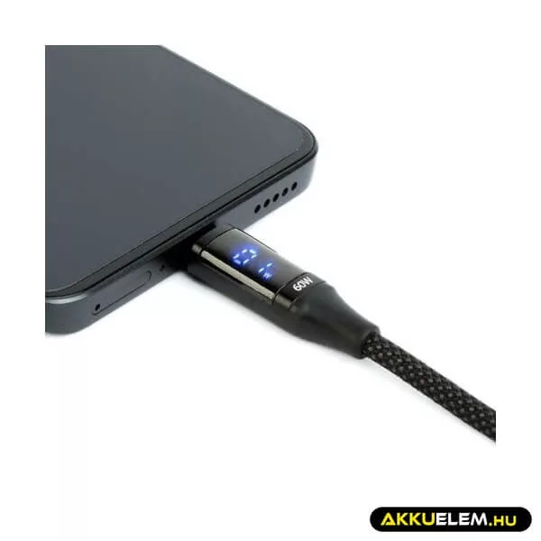 Adatkábel - Type-C/Type-C teljesítmény kijelzéssel fekete 1m 3A 60W