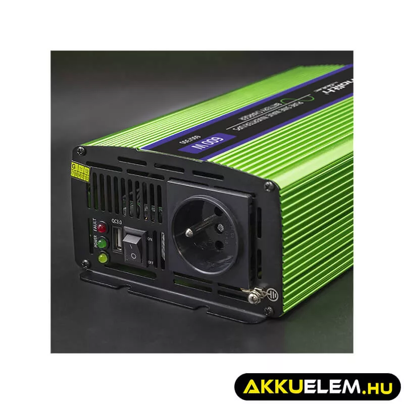 Qoltec színusz Inverter + Akkumulátor töltő, UPS 300W/600W 12V -> 230V