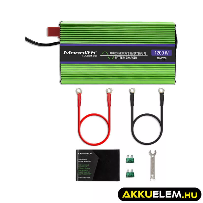 Qoltec színusz Inverter + Akkumulátor töltő, UPS 600W/1200W 12V -> 230V