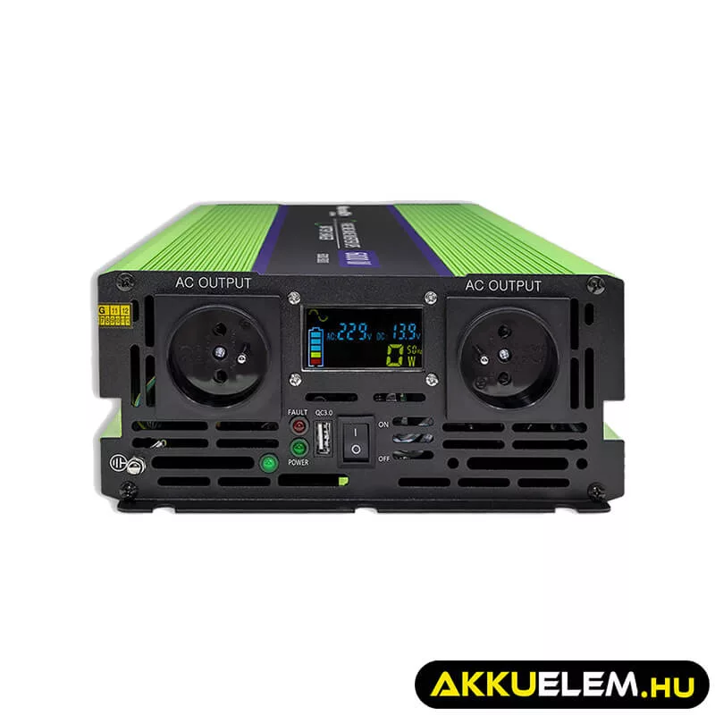 Qoltec színusz Inverter + Akkumulátor töltő, UPS  2500W/5000 12V -> 230V LCD