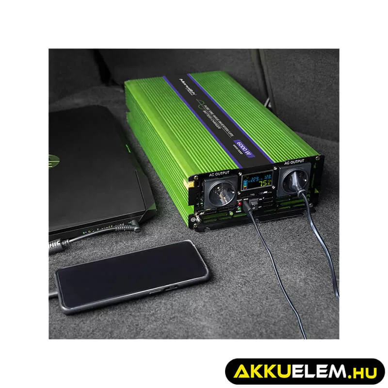 Qoltec színusz Inverter + Akkumulátor töltő, UPS 3000W/6000W 12V -> 230V LCD