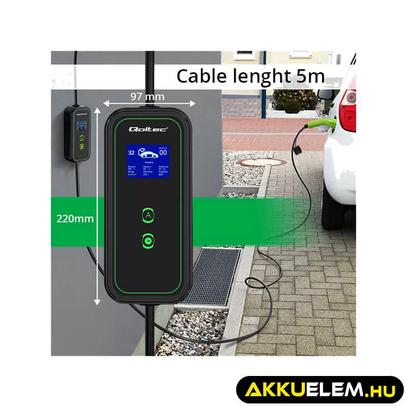 Qoltec EV töltő Elektromos autó töltő 2-in-1 Type2 7kW 230V CEE 3 PIN LCD Hordozható 5m