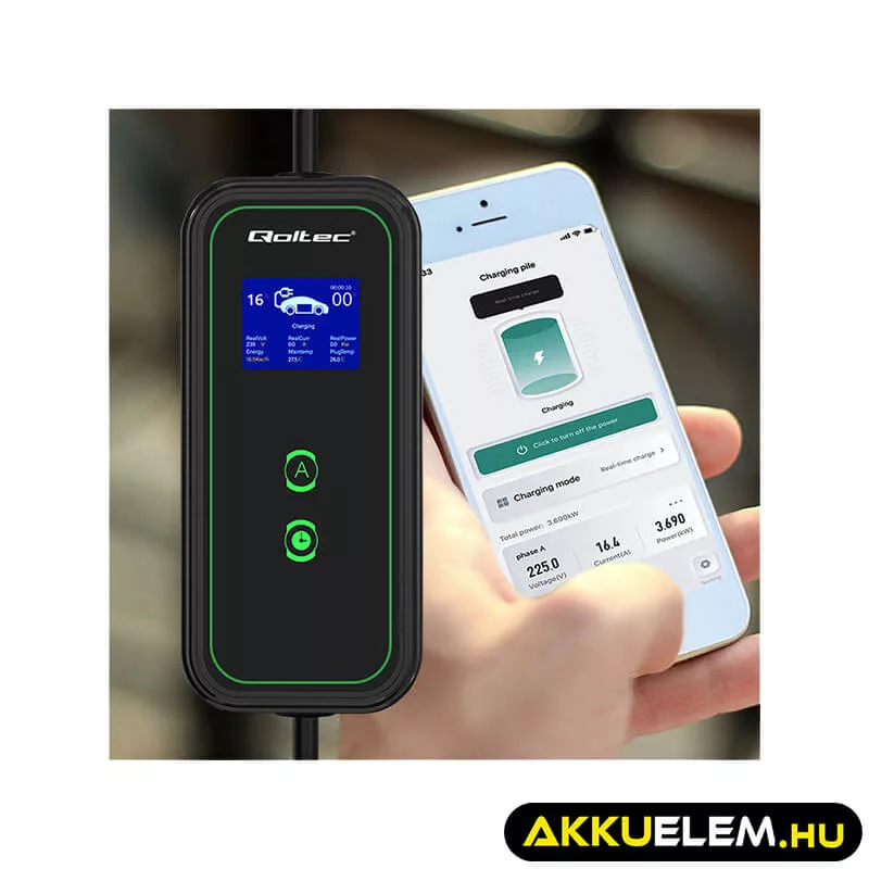 Qoltec Elektromos autó töltő Állítható töltőárammal 2in1 Type2 11kW CEE 5 PIN Wi-fi LCD 3 fázis Hordozható 5m