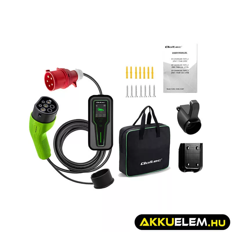 Qoltec Elektromos autó töltő Állítható töltőárammal 2in1 Type2 11kW CEE 5 PIN LCD 3 fázis Hordozható 5m