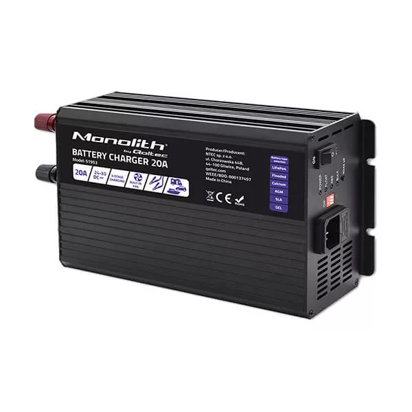 Qoltec Okostöltő LiFePO4 AGM GEL SLA akkumulátorokhoz 20A 24V Qoltec Okostöltő LiFePO4 AGM GEL SLA akkumulátorokhoz 20A 24V