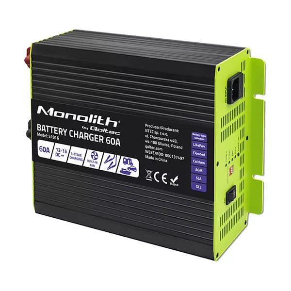 Qoltec Okostöltő LiFePO4 AGM GEL SLA akkumulátorokhoz 60A 12V Gyorstöltés Qoltec Okostöltő LiFePO4 AGM GEL SLA akkumulátorokhoz 60A 12V Gyorstöltés
