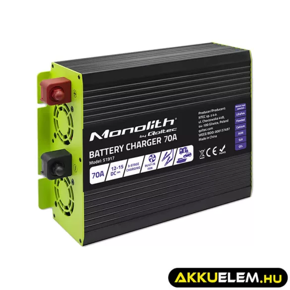 Qoltec Okostöltő LiFePO4 AGM GEL SLA akkumulátorokhoz 70A 12V Gyorstöltés 