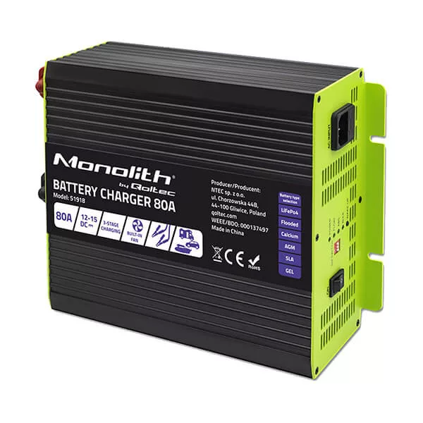Qoltec Okostöltő LiFePO4 AGM GEL SLA akkumulátorokhoz 80A 12V Gyorstöltés Qoltec Okostöltő LiFePO4 AGM GEL SLA akkumulátorokhoz 80A 12V Gyorstöltés