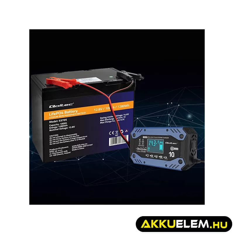 Qoltec Okostöltő STD AGM GEL Akkumulátorokhoz Helyreállító funkcióval 12-24V 10A LCD 9 töltési fázis