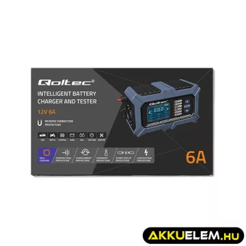   Qoltec Intelligens Akkumulátor töltő, Javitó + Teszter funkcióval 12V 6A LCD kijelző AGM LiFePO4 GEL