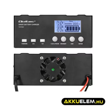   Qoltec Intelligens Akkumulátor töltő, 12V + 12.6V + 24V LCD kijelzős AGM, GEL, LiFePO4