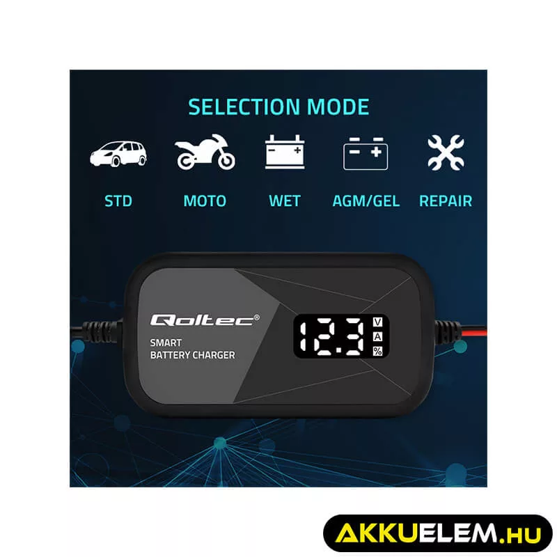 Qoltec Intelligens Akkumulátor töltő, 12V 2A AC/DC  LCD kijelzős AGM GEL 