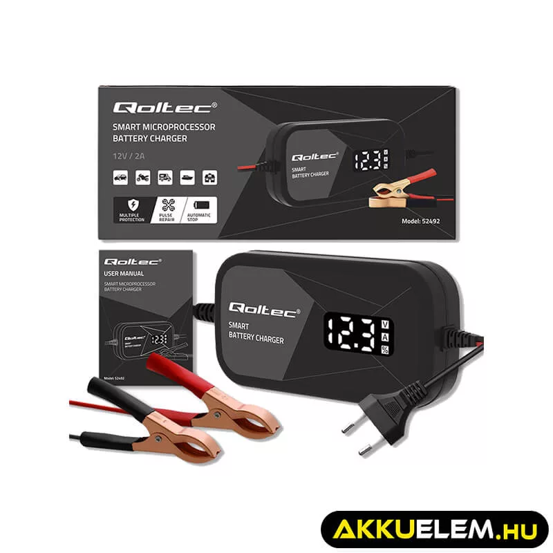 Qoltec Intelligens Akkumulátor töltő, 12V 2A AC/DC  LCD kijelzős AGM GEL 