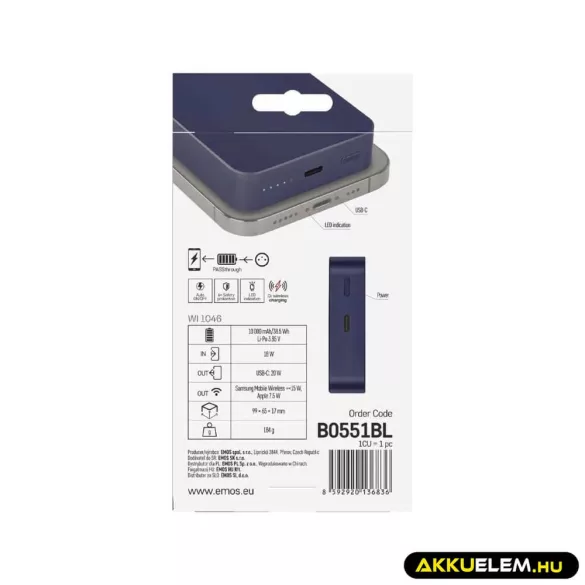 Powerbank WI 1046, 10 000 mAh, 20 W+Wireless, Kék