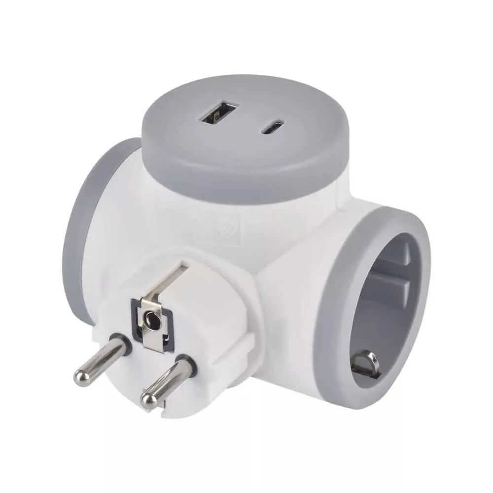 Aljzat elágazó 2×, 1×USB-A+1×USB-C, fehér-szürke