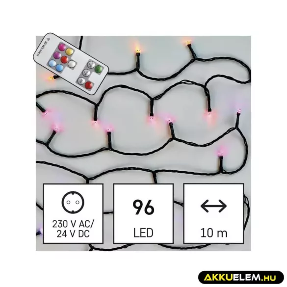 Karácsonyi 10 +3m szines fényfüzér 96Led IP44 (170cm-es fára) TÁVIRÁNYÍTÓ