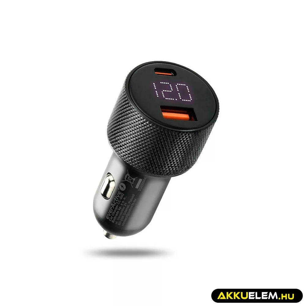   EverActive gyors autós töltő 12-24V 75W 1*USB 1*USB-C KIJELZŐ