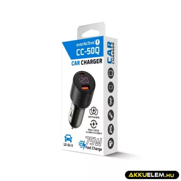   EverActive gyors autós töltő 12-24V 75W 1*USB 1*USB-C KIJELZŐ