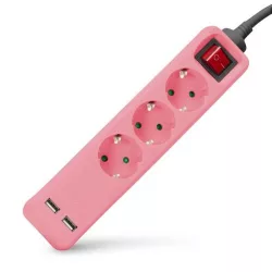   Hálózati hosszabbító 3 aljzat földelt 1.5m 1 kapcsoló 2 USB elosztó ENTAC PINK