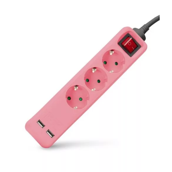 Hálózati hosszabbító 3 aljzat földelt 1.5m 1 kapcsoló 2 USB elosztó ENTAC PINK