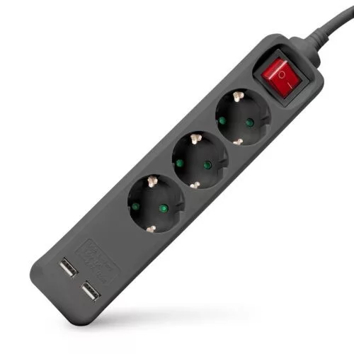   Hálózati hosszabbító 3 aljzat földelt 1.5m 1 kapcsoló 2 USB elosztó ENTAC BLACK