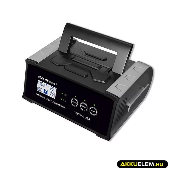 Qoltec Intelligens akkumulátor töltő, javitó funkcióval 12V/24V 25A LCD