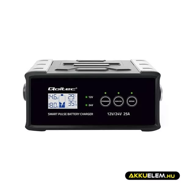 Qoltec Intelligens akkumulátor töltő, javitó funkcióval 12V/24V 25A LCD