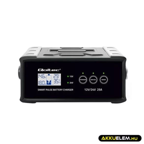 Qoltec Intelligens akkumulátor töltő, javitó funkcióval 12V/24V 25A LCD