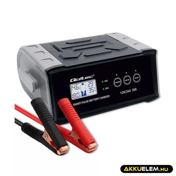 Qoltec Intelligens akkumulátor töltő, javitó funkcióval 12V/24V 25A LCD