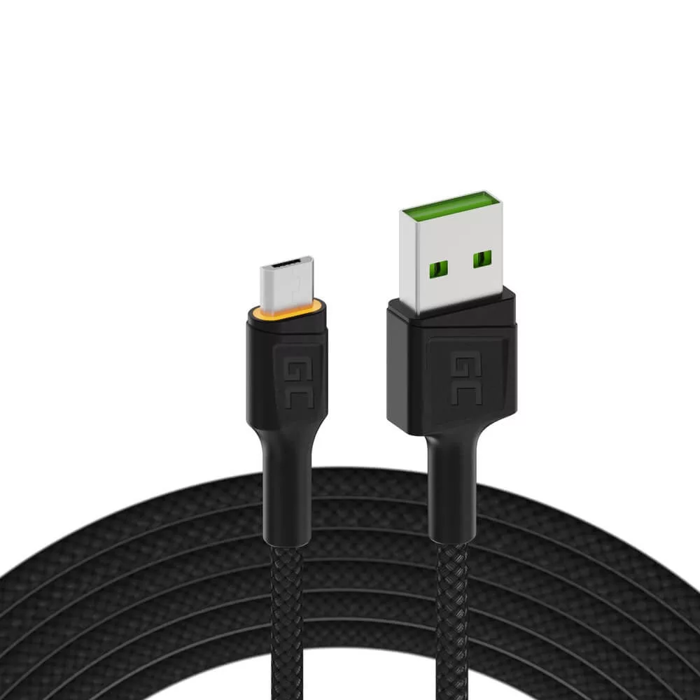   GreenCell kábel Ray USB-A microUSB Yellow LED 120cm support Ultra Charge QC3.0 gyorstöltő