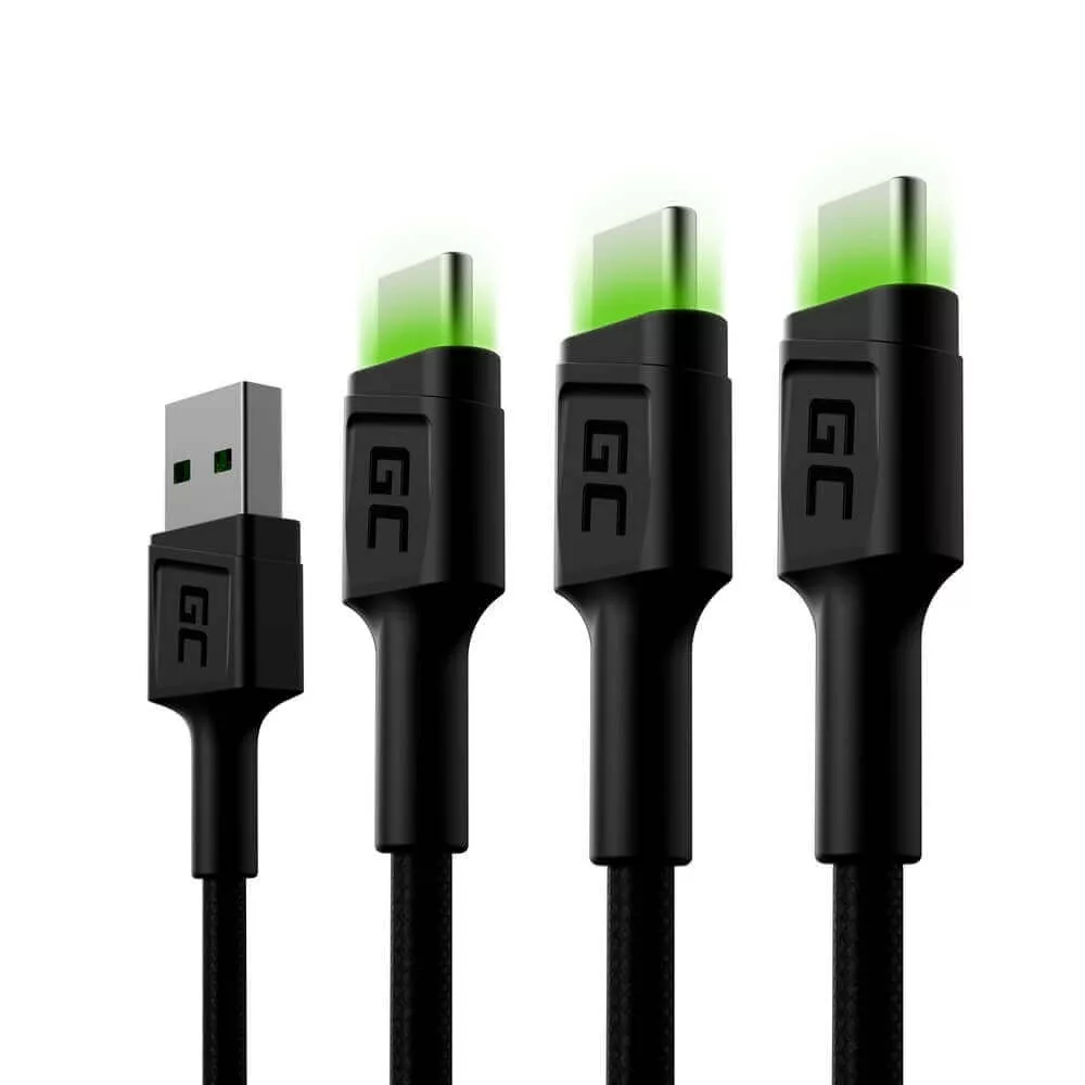   GreenCell Ray USB-C 120cm kábel zöld LED backlight gyorstöltő Ultra Charge QC 3.0