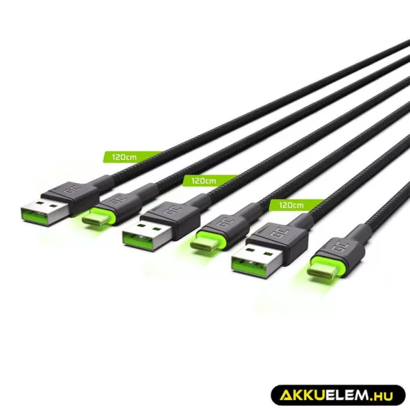 GreenCell Ray USB-C 120cm kábel zöld LED backlight gyorstöltő Ultra Charge QC 3.0 - GreenCell