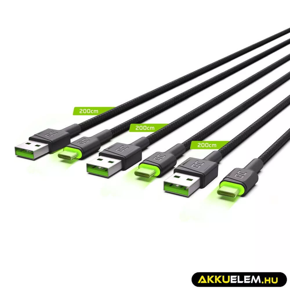 GreenCell kábel Ray USB-C 200cm kábel zöld LED backlight gyorstöltő Ultra Charge QC 3.0
