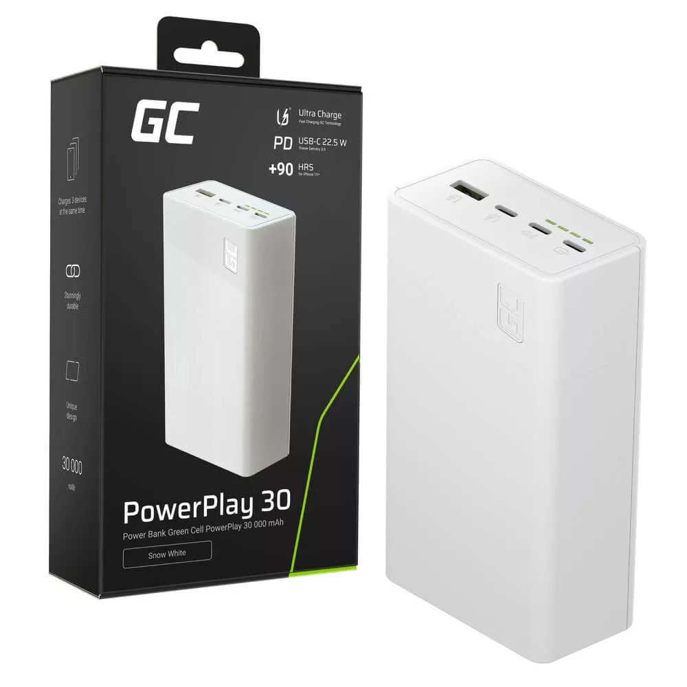GreenCell PowerPlay 30 Fehér power bank 30 000mAh 22.5W 4 port GreenCell PowerPlay 30 Fehér power bank 30 000mAh 22.5W 4 port