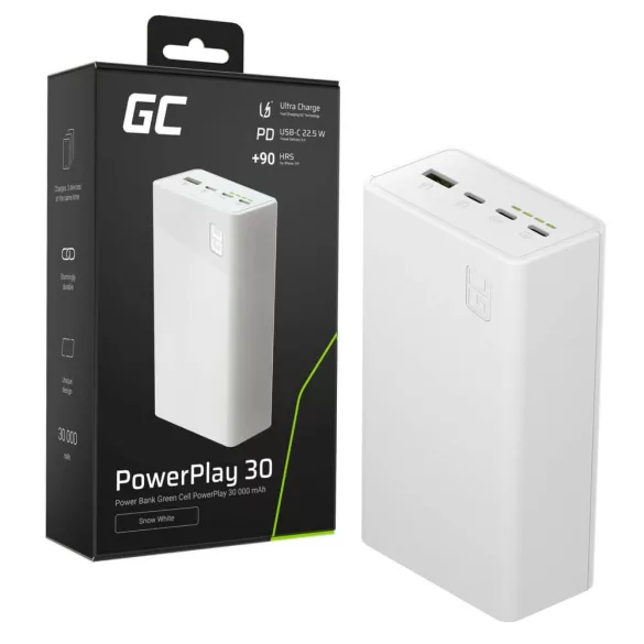 GreenCell PowerPlay 30 Fehér power bank 30 000mAh 22.5W 4 port - GreenCell