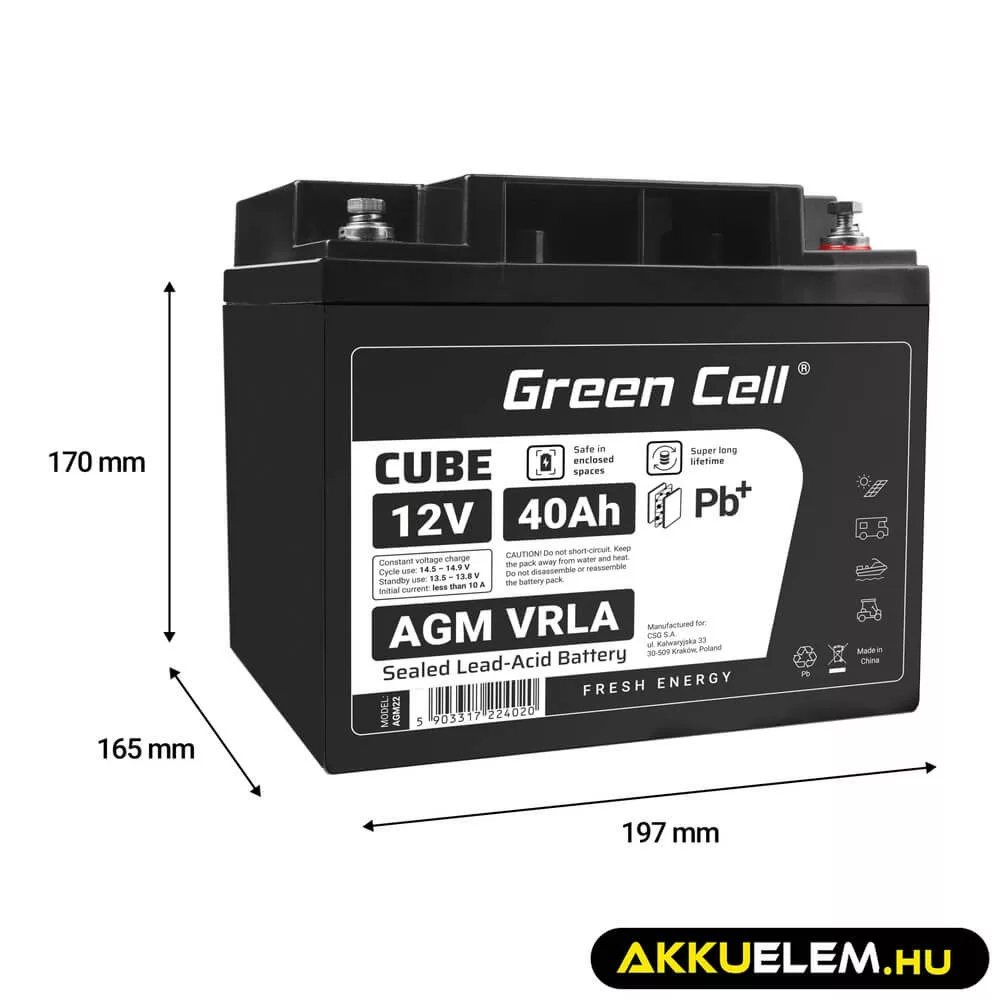 GreenCell CUBE AGM IP54 12V 40Ah VRLA akkumulátor Gel Deep Cycle robogókhoz fűnyírókhoz hajókhoz