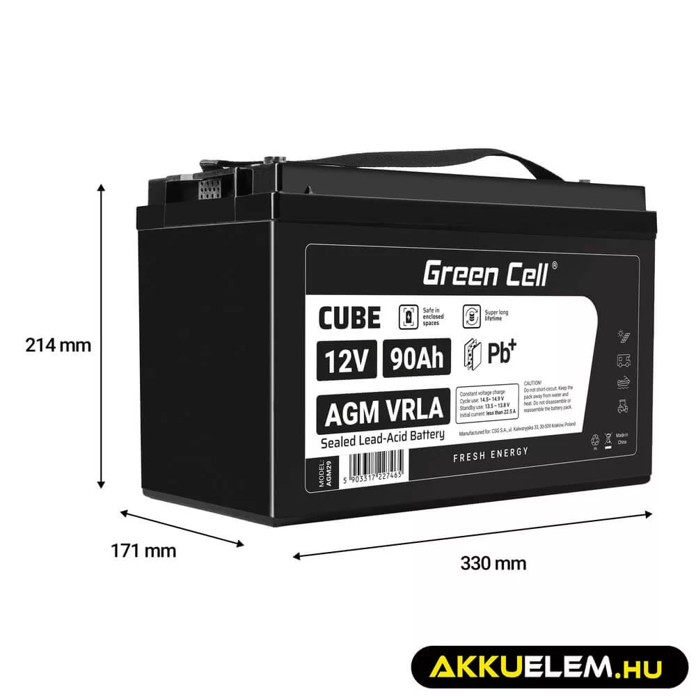 GreenCell CUBE AGM IP54 12V 90Ah VRLA akkumulátor Gel Deep Cycle robogókhoz fűnyírókhoz hajókhoz