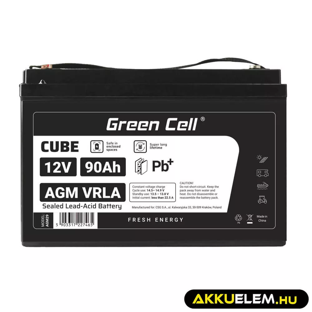 GreenCell CUBE AGM IP54 12V 90Ah VRLA akkumulátor Gel Deep Cycle robogókhoz fűnyírókhoz hajókhoz