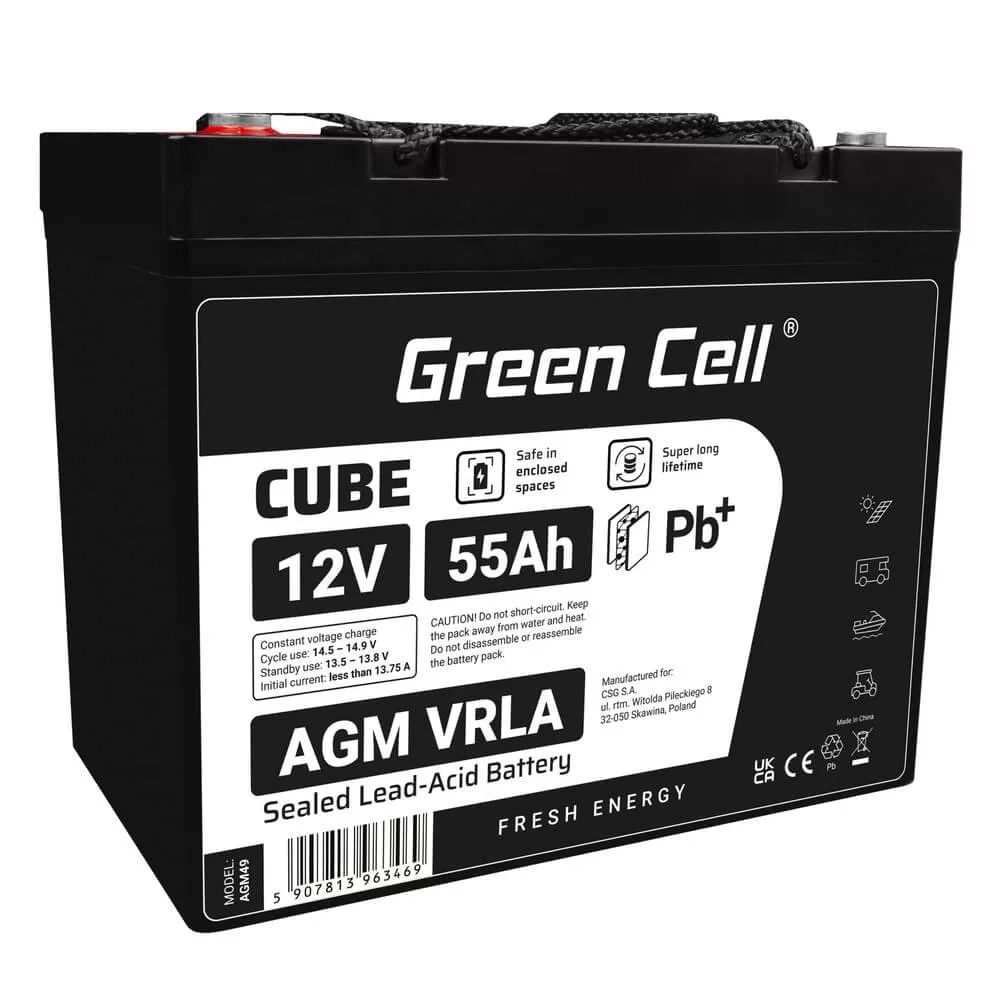 GreenCell CUBE AGM IP54 12V 55Ah VRLA akkumulátor Gel Deep Cycle robogókhoz fűnyírókhoz hajókhoz
