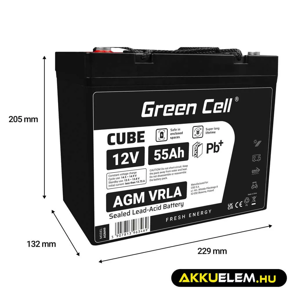 GreenCell CUBE AGM IP54 12V 55Ah VRLA akkumulátor Gel Deep Cycle robogókhoz fűnyírókhoz hajókhoz