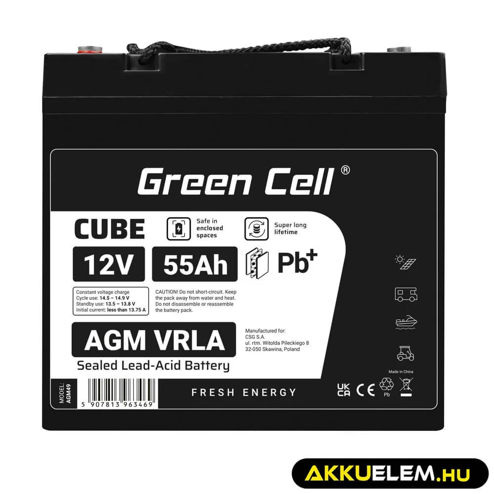 GreenCell CUBE AGM IP54 12V 55Ah VRLA akkumulátor Gel Deep Cycle robogókhoz fűnyírókhoz hajókhoz